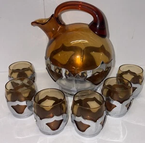 VTG Farber Brothers Cocktail Pitcher Amber Glasses Farber Ware American Art Deco - Picture 1 of 14