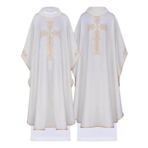 White Liturgical Embroidered Priest Chasuble Vestment & Stole With Gold Cross - Bild 1 von 2