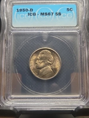  1950-D Jefferson Nickel ICG MS67 5 STEPS 5s $.05 Grey Sheet $525 Beautiful Coin - Image 1 of 3