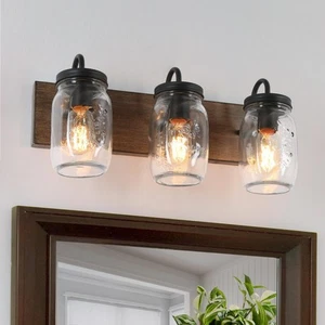 Modern Farmhouse Mason Jar 3-Light Bathroom Vanity Lights Black 18"L x 9.5" W x - Picture 1 of 5