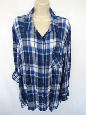 FADED GLORY WOMANS 2X blue white pink plaid soft rayon collar BUTTON FLANNEL - Image 1 of 4