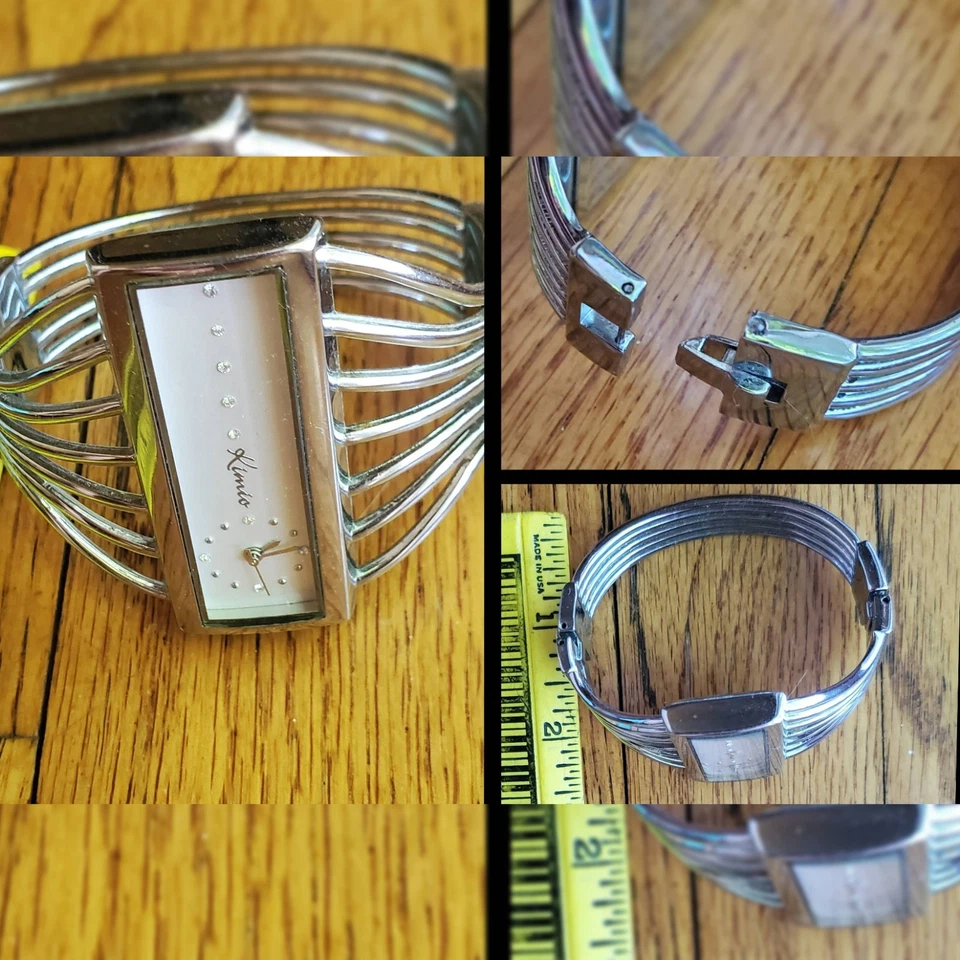 Vintage Kimio Watch Rhinestone Dial Stainless Steel Waved Cuff Bracelet Band  - Image 1 of 4