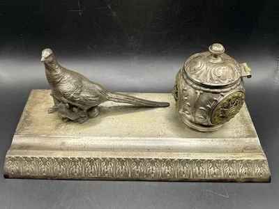 Tintero de escritorio único faisán ornamentado victoriano plata francesa vintage Foto 1 de 4
