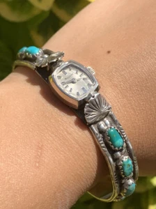 ZUNI ANGELITA CHEAMA STERLING SILVER TURQUOISE LEAF WATCH CUFF BRACELET SIGNED - Picture 1 of 5