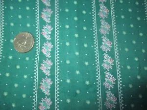 FIORI ROSA BLU vintage a RIGHE su tessuto COTONE VERDE anni 70 - oltre 1 yd - Foto 1 di 2