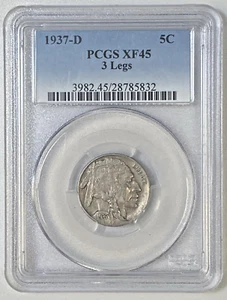 1937 D 5c 5 Cent "Buffalo Nickel" Flat Ground PCGS XF45 Mint Error. 3 Legs - Picture 1 of 12