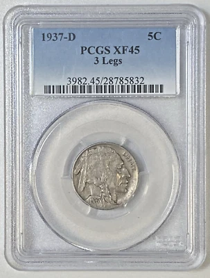 1937 D 5c 5 Cent "Buffalo Nickel" Flat Ground  PCGS XF45 Mint Error. 3 Legs - Image 1 of 4
