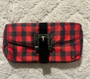 J Crew vintage 100% Silk red and black clutch with buckle detail on front - Picture 1 of 5