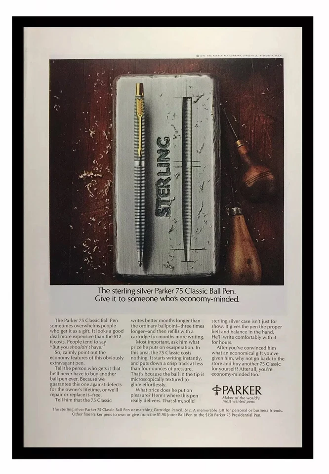 Bolígrafo clásico Parker 75 1972 plata esterlina anuncio impreso vintage Foto 1 de 1