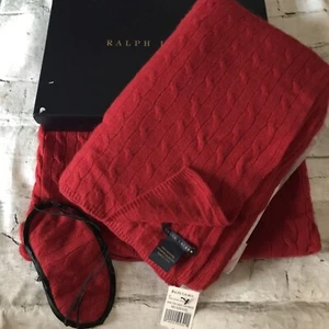 Ralph Lauren 100% Cashmere Cable Knit Red Throw, Sleep Mask, Pouch 3PC Set NEW - Picture 1 of 9