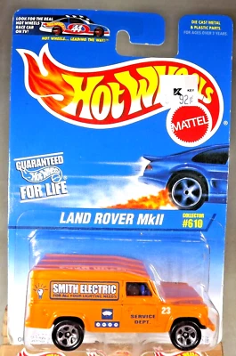 Tarjeta Hot Wheels 1995 azul/blanco #610 Land Rover Mkll naranja con cromo 5 radios Foto 1 de 4