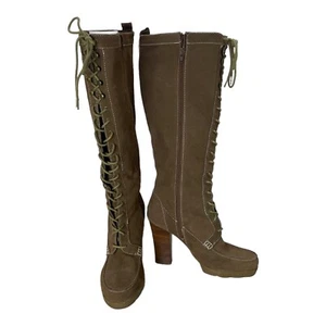 Colin Stuart Boots Size 10 Women Brown Suede Lace Up Side Zip Block Heel 4.5" - Picture 1 of 14