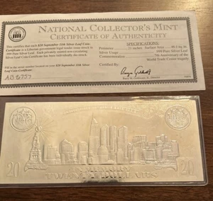 Republic of Liberia World Trade Center $20 in Memory 9/11 2001 Silver Leaf Note - Picture 1 of 1