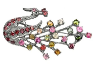 Fine Tourmaline Rhodolite Garnet Cluster Peacock Bird Brooch Sterling Silver 925 - Picture 1 of 8