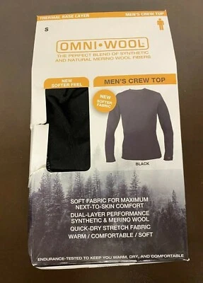 Omni-Wool Hombre Negro Crew Top, Doble Capa Rendimiento Secado Rápido Pequeño Foto 1 de 3