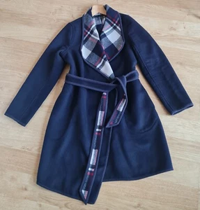 LADIES LAURA ASHLEY NAVY WOOL BLEND WRAP BELTED CHECK COAT SIZE 12 - Picture 1 of 7