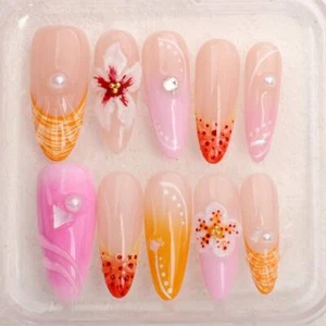 Handmade 3D Tropical Floral Acrylic Press On Nails, Unique Y2K Nail Set Gift - Picture 1 of 7