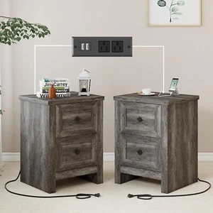 Nightstand Set of 2 with Charging Station, Farmhouse End Table with 2 Drawers St - Picture 1 of 8