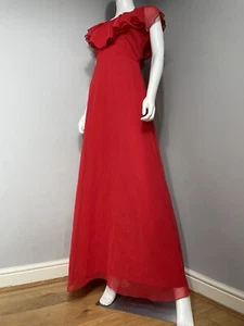 Vintage Evening Gown Maxi Dress Size 10 Floor Length Red Ruffle Chiffon - Picture 1 of 15