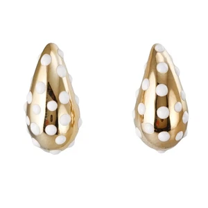 Yellow Gold White Polka Dot Enamel Large Teardrop Earrings - Picture 1 of 4