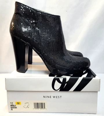 NUEVO BOX NINE WEST Negro SEQUINS DELLY Tacón Bloque Botines 12M Foto 1 de 4