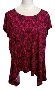 Sweet Clarity Stretch Top Asymmetrical Hem Red Black Geometric Cap Sleeve SZ 1X - Picture 1 of 9