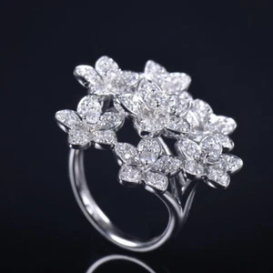 Gorgeous 14K White Gold Natural Diamond Cluster Wild Flower Ring Female Gift - Picture 1 of 10
