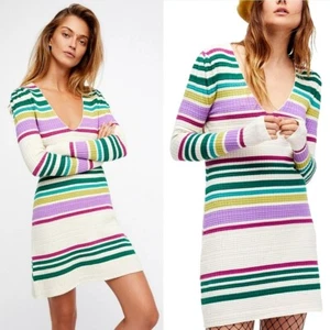 Free People Gidget Sweater Mini Dress Women's L Preppy Coastal Nautical - Picture 1 of 12