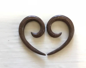 PAIR FISH HOOK SONO WOOD SPIRALS EXPANDERS GAUGES PLUGS EARRINGS GAUGE  - Picture 1 of 1