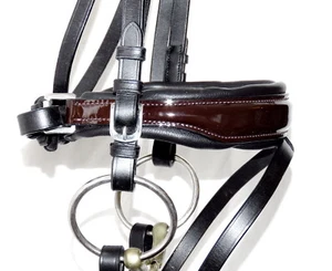 FSS BROWN PATENT Comfort Padded SHAPED CUT AWAY Crank Flash TWIN BUCKLE Noseband - Picture 1 of 3