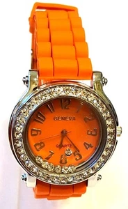 Burnt Orange Band Silicone Wrist Watch Loose Stone in Small Face Rhinestone - Picture 1 of 3