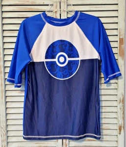 POKEMON RASH GUARD Boys Size 14/16 Blue/White Pokeball Short Sleeve Swim Shirt - Picture 1 of 5