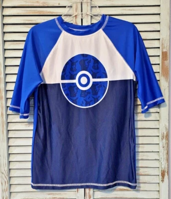 POKEMON RASH GUARD Boys Size 14/16 Blue/White Pokeball Short Sleeve Swim Shirt - Image 1 of 4
