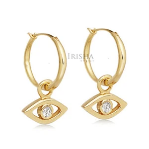 0,04 ct. Orecchini Cerchio Charm Malocchio Diamante Estratto Terra Design Oro 14k - Foto 1 di 3