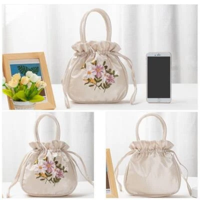 +Embroidered Flower Small Bucket Bag Handmade Cosmetic Handbag Women - Image 1 of 4