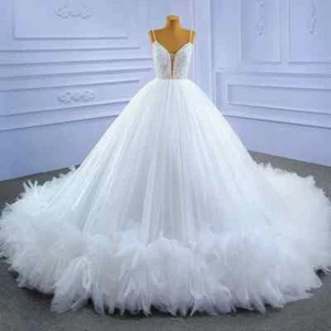 Sweetheart Ball Gown Wedding Dresses Beading Pearls Spaghetti Straps Pleat Skirt - Picture 1 of 10