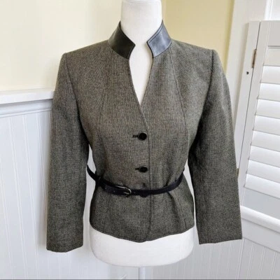 Blazer Tahari ASL negro y topo solapa invertida imitación cuero ribete cinturón 4 Petite Foto 1 de 4