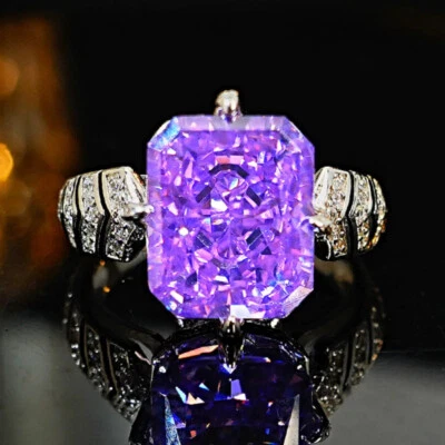 New Rectangle Ice Flower Cut Purple Kunzite Gemstone Luxury Women Silver Rings - Image 1 of 4