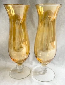 Pair of Tall Citrine Amber Voluminous Glass Stemmed Vases - 10.25 x 3.625” - Picture 1 of 5