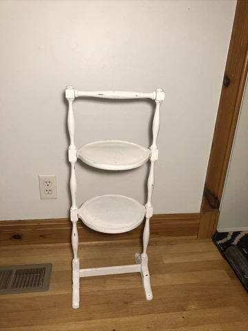 2 tier Wood shabby farmhouse primitive Table Pie Stand Plant handled white 29.5” Cover