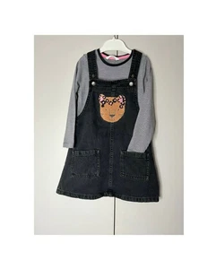 M&S Pinafore Dress Charcoal Denim Cat Motif & Striped  Top Outfit Age 3-4 Years - Picture 1 of 24