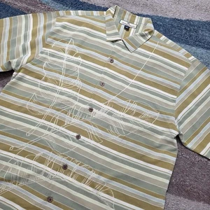 Tommy Bahama Silk Striped Leaf Shirt L Green Tan Short Sleeve - Picture 1 of 8