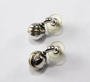 MOVADO 18K YELLOW GOLD 925 STERLING SILVER DIAMOND BALL DROP POST EARRINGS - Picture 1 of 8
