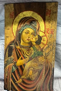 Icono Theotokos ortodoxo ruso pintado a mano vintage Virgen María con el Niño Jesús - Imagen 1 de 24