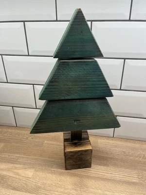 Rustic Christmas Tree Wooden- Home Made- Green & Burnt Wood Primitive Country - Image 1 of 4