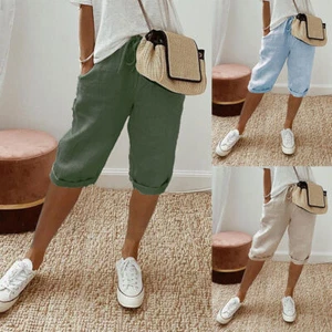 Womens Summer Shorts Solid Color Knee Length Short LadiesPants Loose.Drawstring - Picture 1 of 29