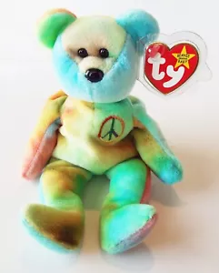 TY BEANIE BABY PEACE BEAR NEON BLUE GREEN 1996 RETIRED BEAN BAG PLUSH TOY NEW - Picture 1 of 5