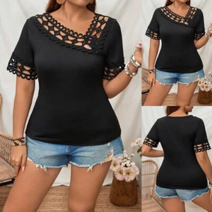 Plus Size Women Short Sleeve Asymmetrical V Neck Casual Blouse Tops Pullover Tee - Picture 1 of 15