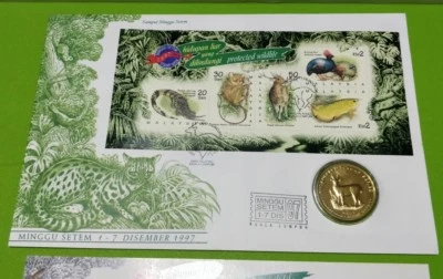 Malaysia 1997 StampWeek Wildlife Hidupan Liar Stamp + Nordic Gold Deer Coin FDC  - Image 1 of 4