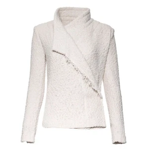 IRO MIRA Cotton Moto Jacket Fringed Hem Shawl Collar Boucle Knit Snap White 40 L - Picture 1 of 7